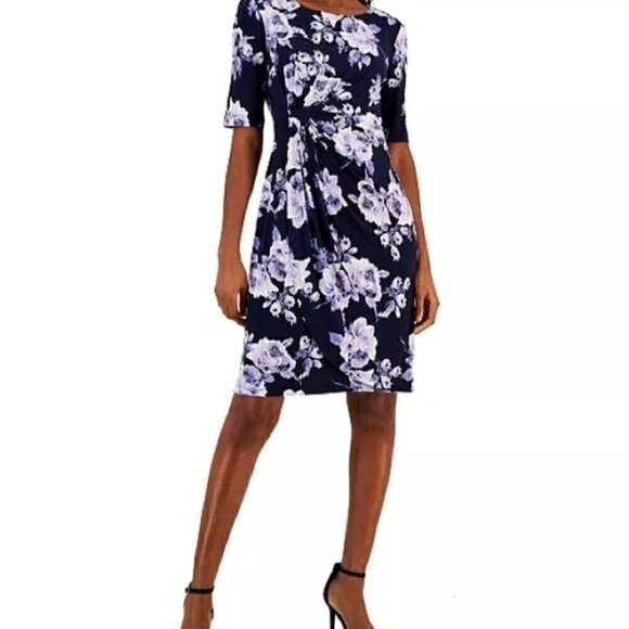 CONNECTED FAUX WRAP DRESS Petite Floral-Print -Waist Jersey Dress blue - Picture 7 of 15